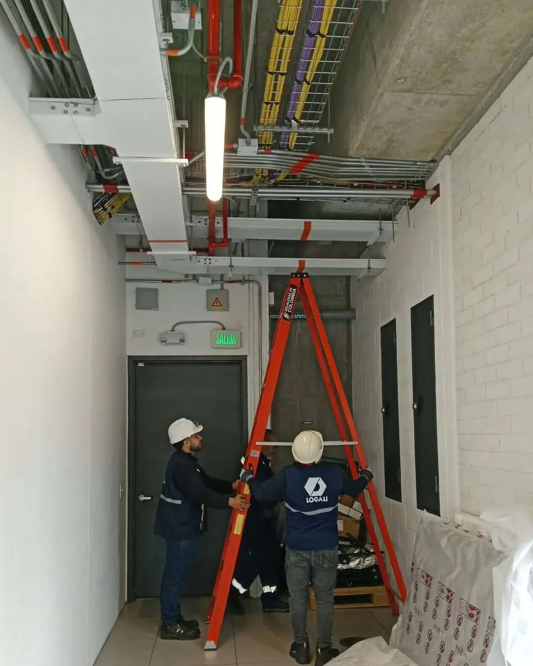 Técnicos de Logali Ingeniería preparando una intervención en un cuarto técnico